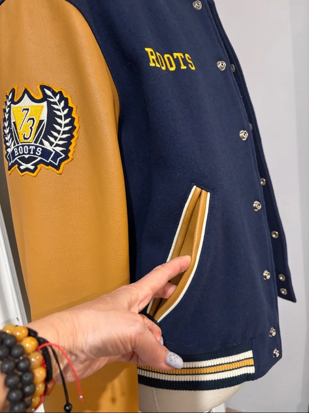 Roots Navy and Mustard Letterman Jacket  leather sleeves. - Picture 6 of 11